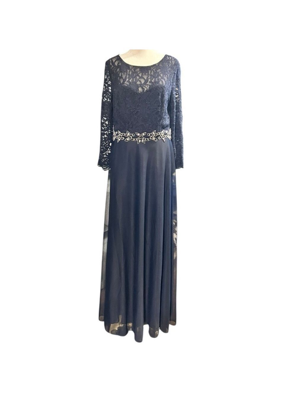 JACKIE JON New York Navy Lace Chiffon Rhinestones Formal Gown Dress Sz12 NWT